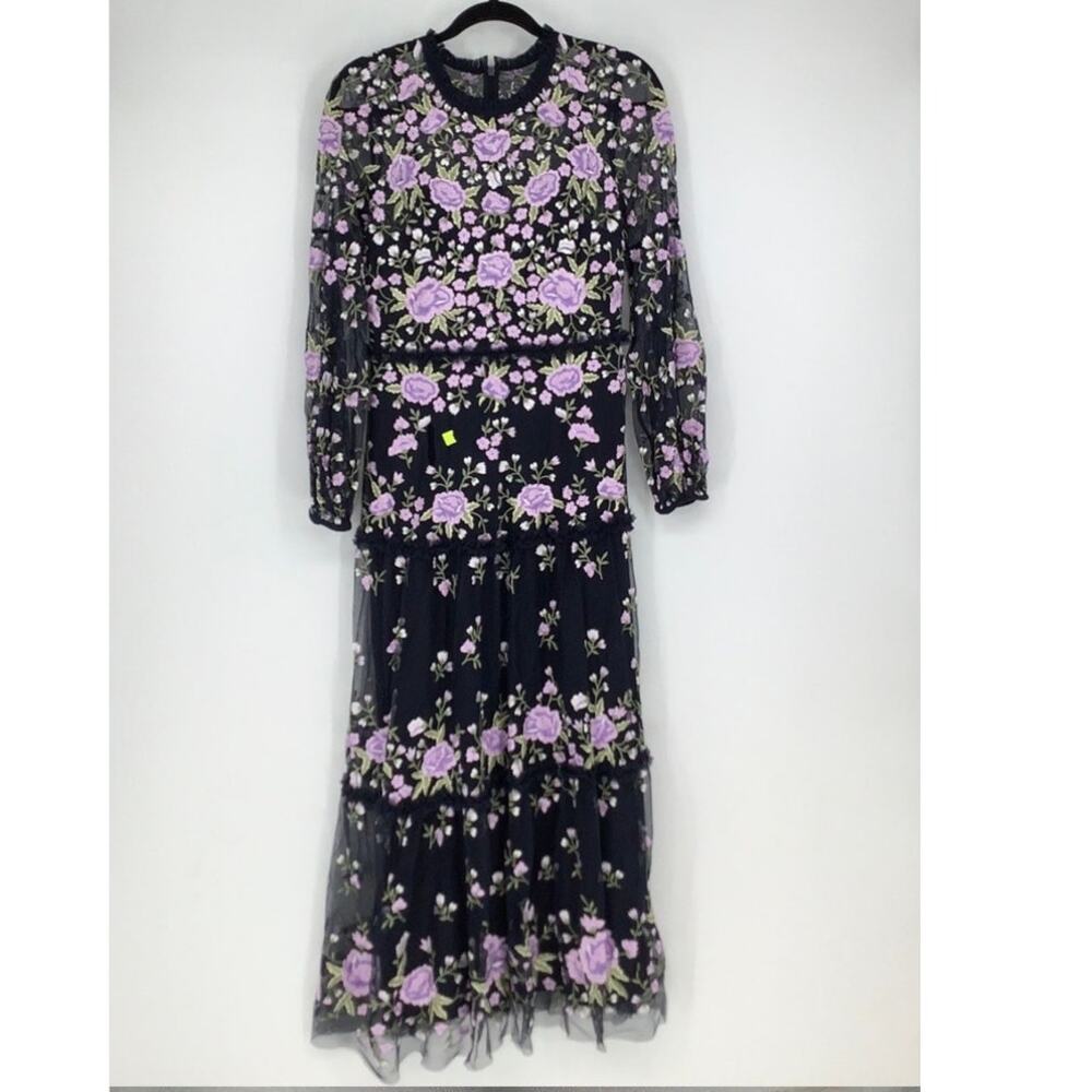 MAC DUGGAL Purple Embroidered Puff Sleeve Floral Tiered Dress Gown Size 6 - Picture 4 of 9